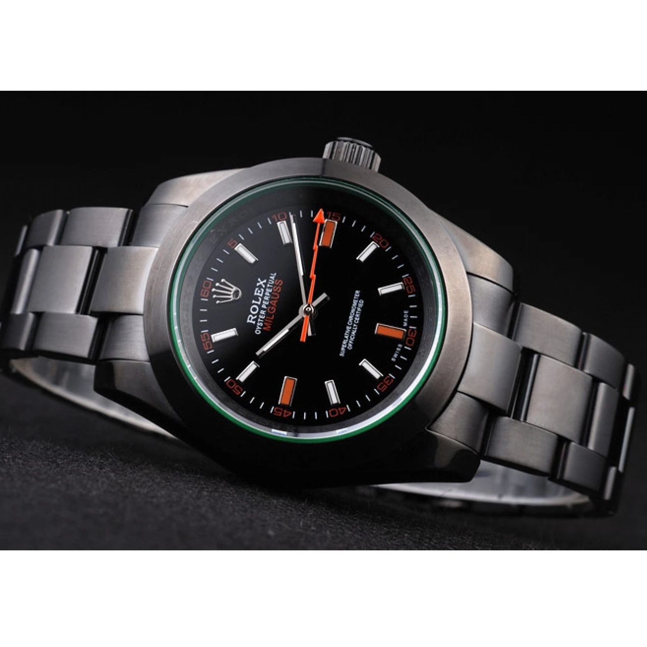 Best AAA Replica Sites Dial Pro-Hunter Saphire Tinted Rolex Milgauss Black Green 0601